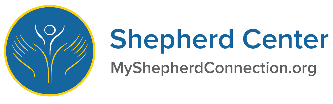 Logo of Shepherd Center featuring a stylized figure with outstretched arms in a circle surrounded by two hand outlines. The text reads